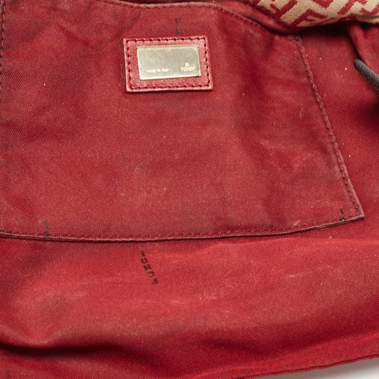 Pre Owned Fendi Red/Beige Zucchino Fabric and Leather Flap Messenger Bag