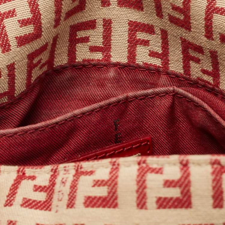Pre Owned Fendi Red/Beige Zucchino Fabric and Leather Flap Messenger Bag