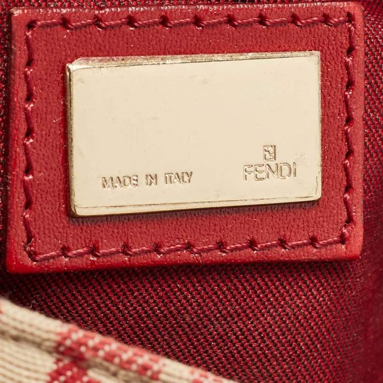 Pre Owned Fendi Red/Beige Zucchino Fabric and Leather Flap Messenger Bag
