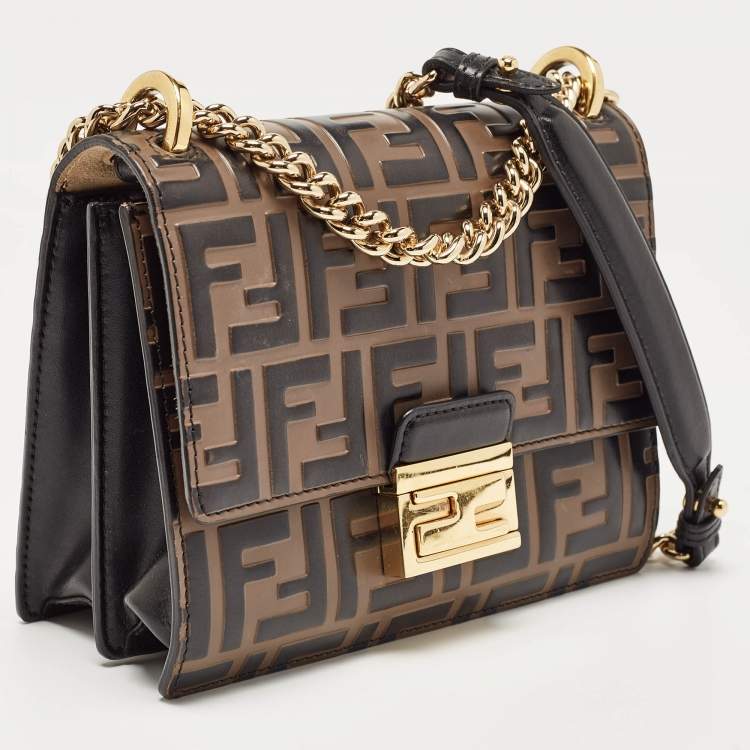 Pre Owned Fendi Black/Brown Zucca Embossed Leather Small Kan U Shoulder Bag