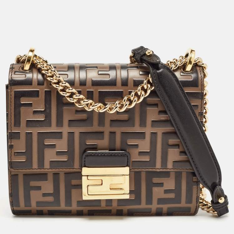 Pre Owned Fendi Black/Brown Zucca Embossed Leather Small Kan U Shoulder Bag