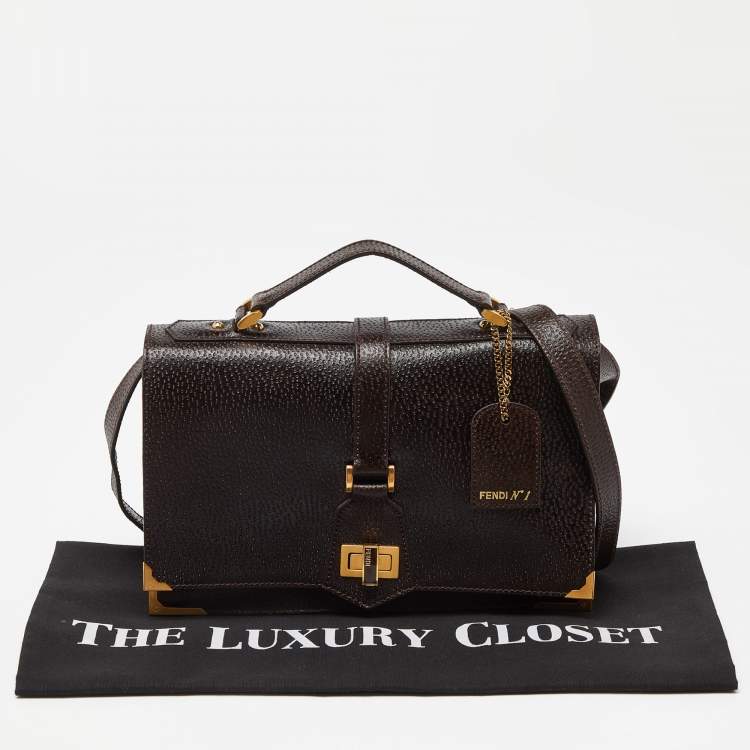 Pre Owned Fendi Dark Brown Textured Leather Classico No.1 Top Handle Bag