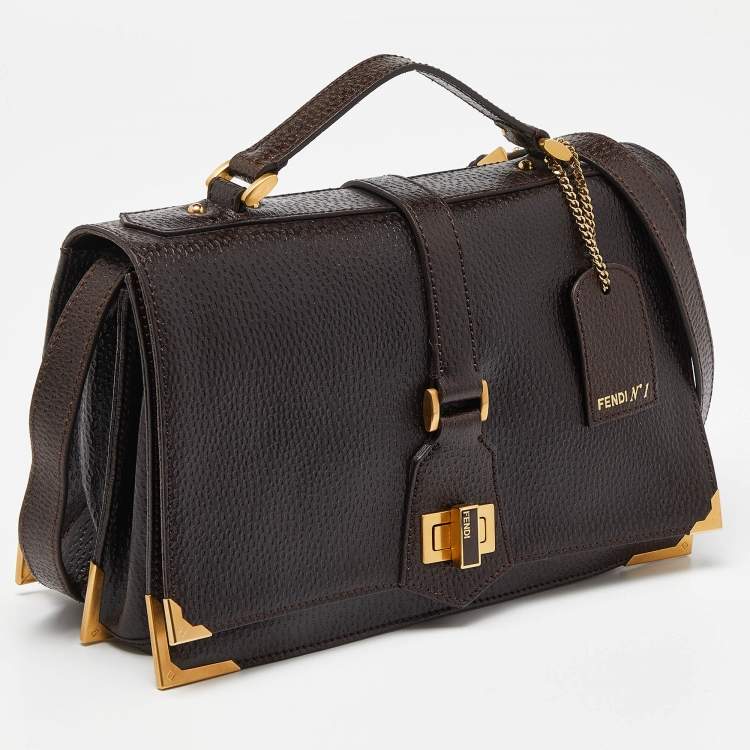 Pre Owned Fendi Dark Brown Textured Leather Classico No.1 Top Handle Bag