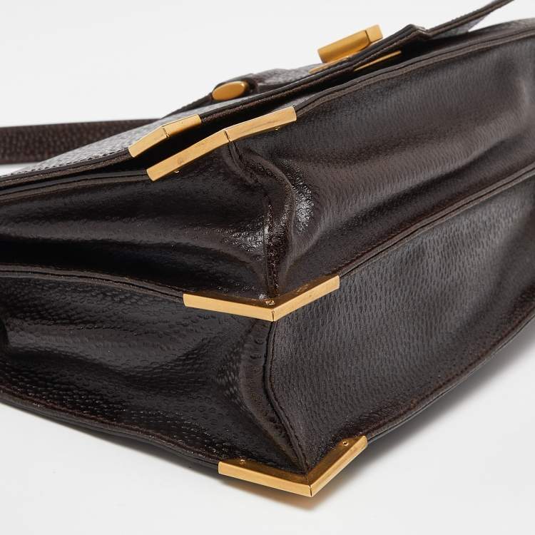 Pre Owned Fendi Dark Brown Textured Leather Classico No.1 Top Handle Bag