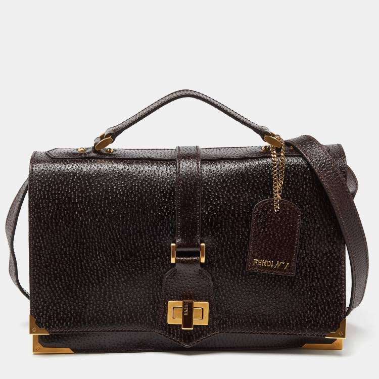 Pre Owned Fendi Dark Brown Textured Leather Classico No.1 Top Handle Bag
