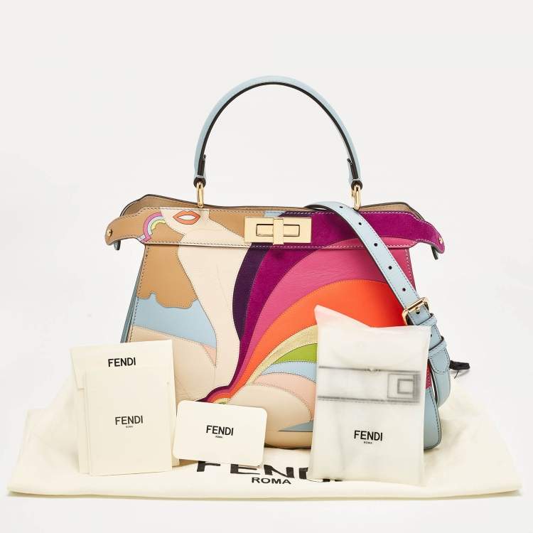 مملوكة مسبقًا Fendi Multicolor Leather and Suede Medium Girl Inlay Peekaboo ISeeU Top Handle Bag