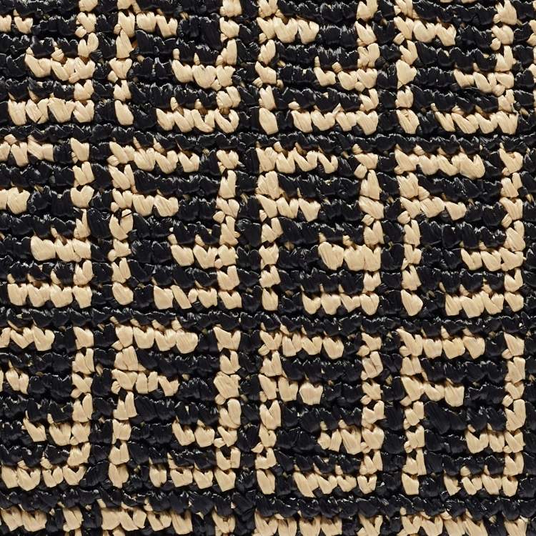 Pre Owned Fendi Black/Natural FF Raffia and Leather Large Runaway Shopper Tote