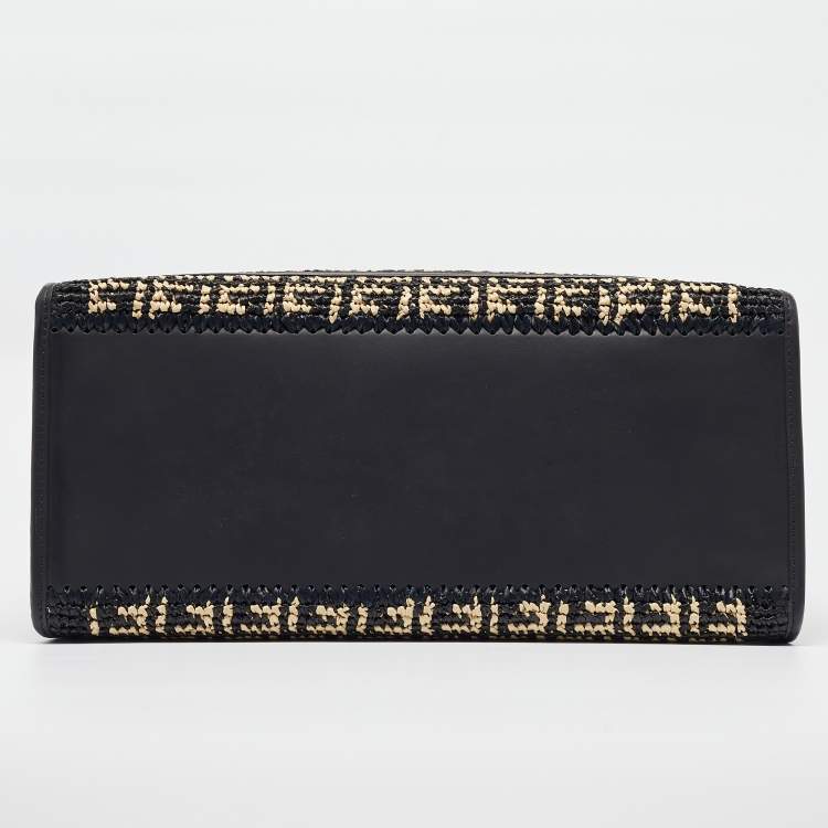 Pre Owned Fendi Black/Natural FF Raffia and Leather Large Runaway Shopper Tote