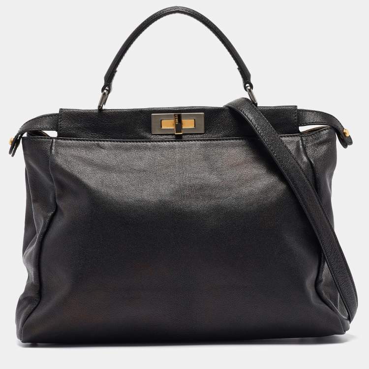 Pre Owned Fendi Black Leather Large Peekaboo Top Handle Bag
