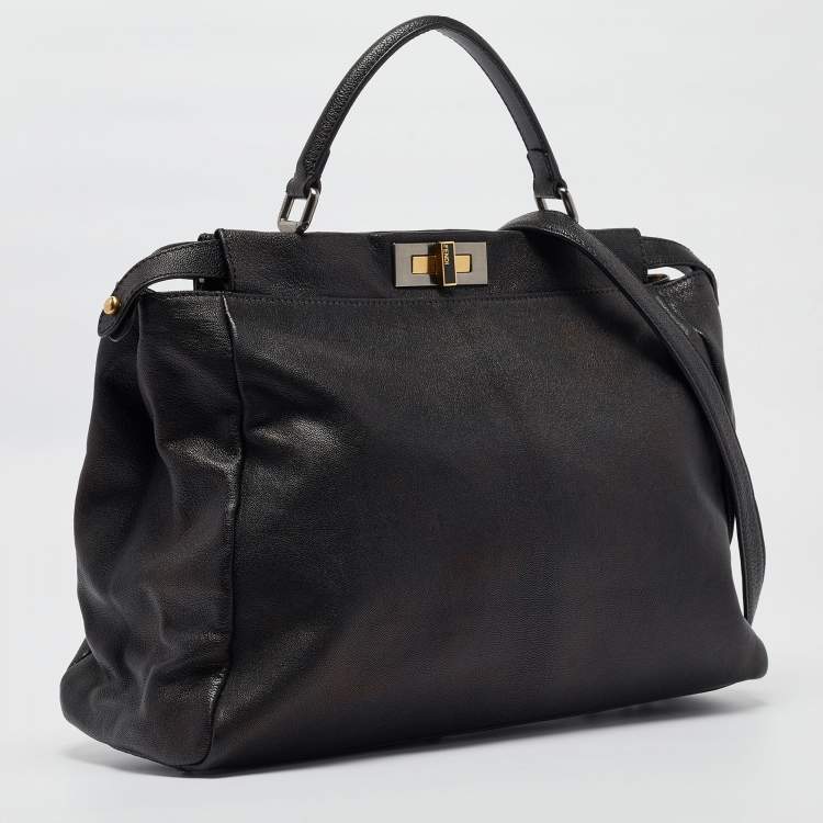 Pre Owned Fendi Black Leather Large Peekaboo Top Handle Bag