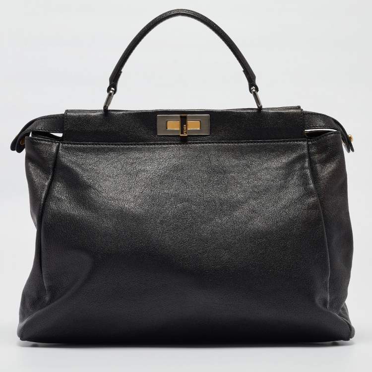 Pre Owned Fendi Black Leather Large Peekaboo Top Handle Bag
