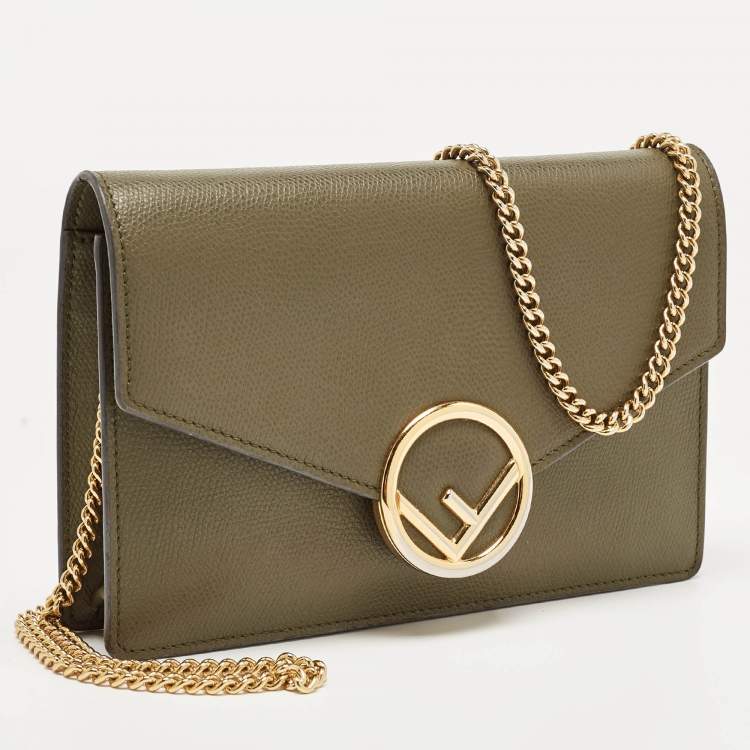 Pre Owned Fendi Olive Green Leather F is Fendi Wallet on Chain 