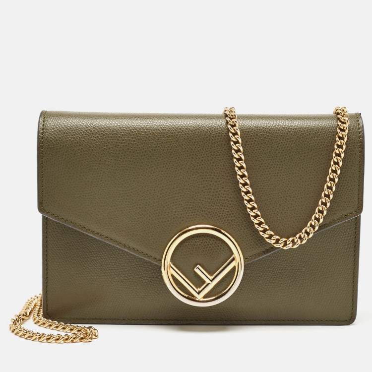 Pre Owned Fendi Olive Green Leather F is Fendi Wallet on Chain 