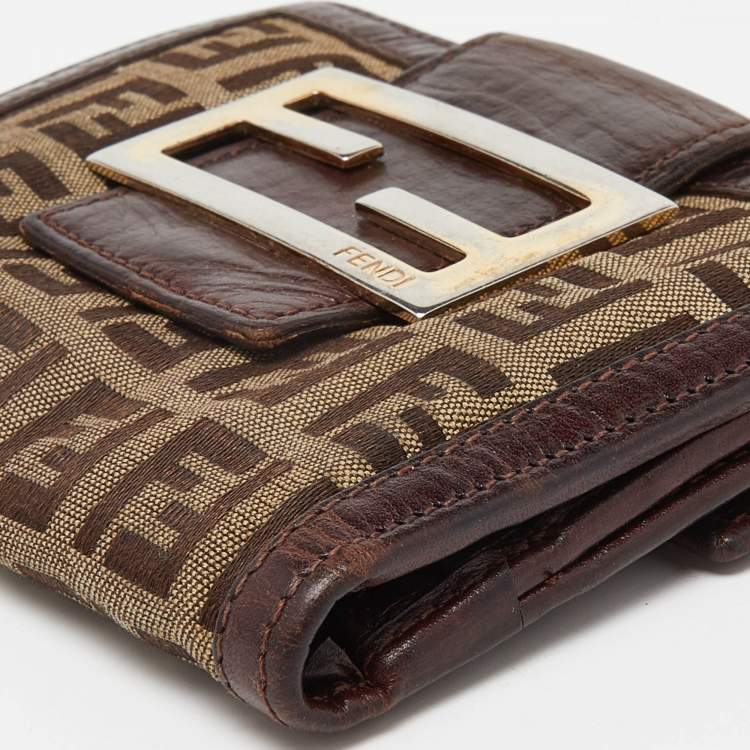 Pre Owned Fendi Beige/Brown Zuchino Canvas and Leather Forever Flap Wallet