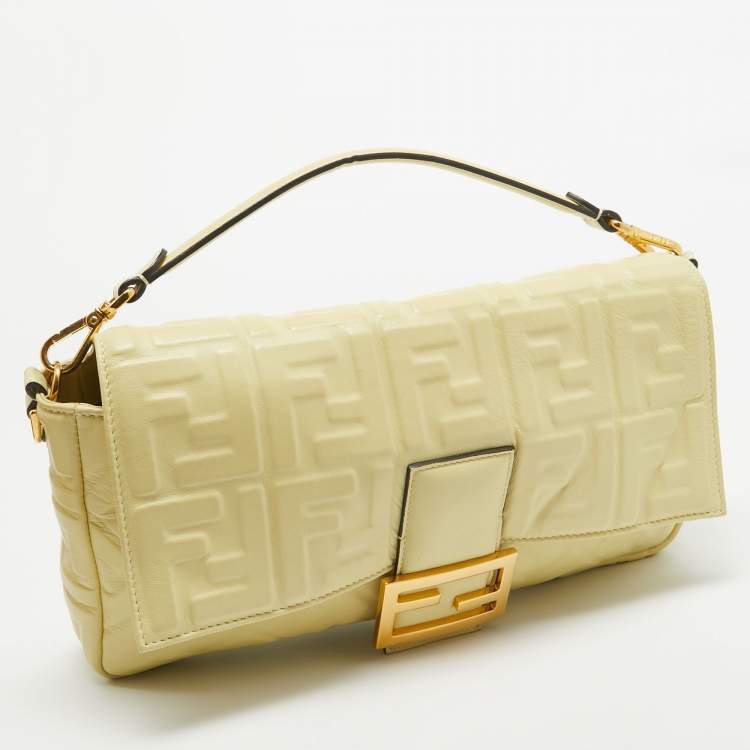 Pre Owned Fendi Yellow Zucca Embossed Leather Large Baguette Bag
