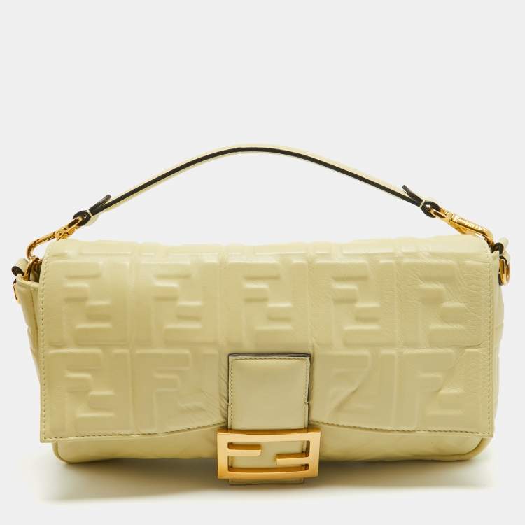 Pre Owned Fendi Yellow Zucca Embossed Leather Large Baguette Bag