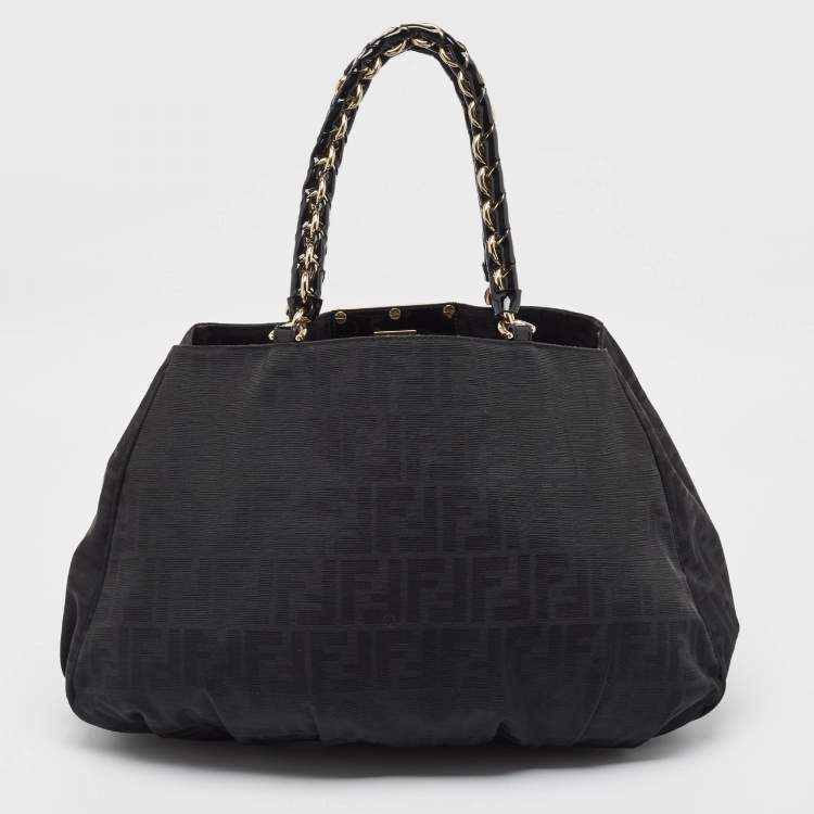 Pre Owned Fendi Black Zucca Fabric and Patent Leather Large Mia Hobo