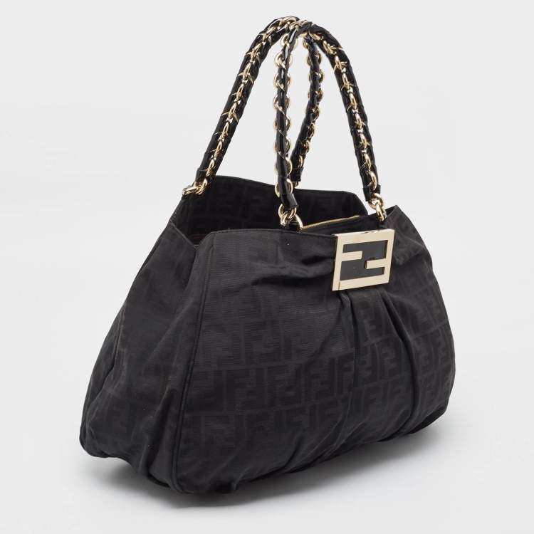 Pre Owned Fendi Black Zucca Fabric and Patent Leather Large Mia Hobo