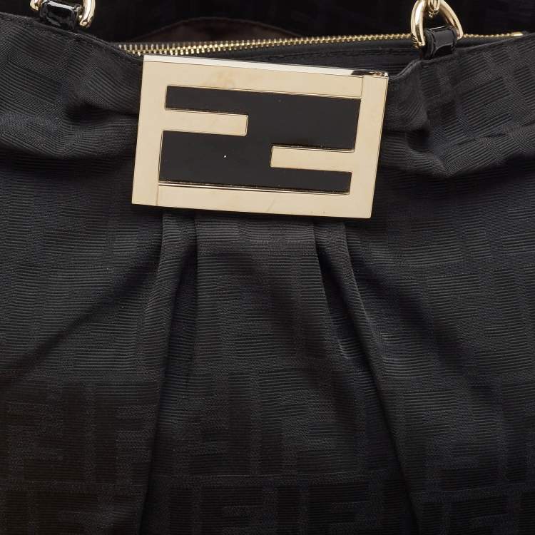 Pre Owned Fendi Black Zucca Fabric and Patent Leather Large Mia Hobo