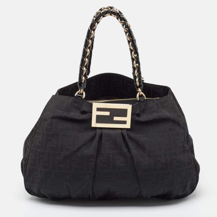 Pre Owned Fendi Black Zucca Fabric and Patent Leather Large Mia Hobo