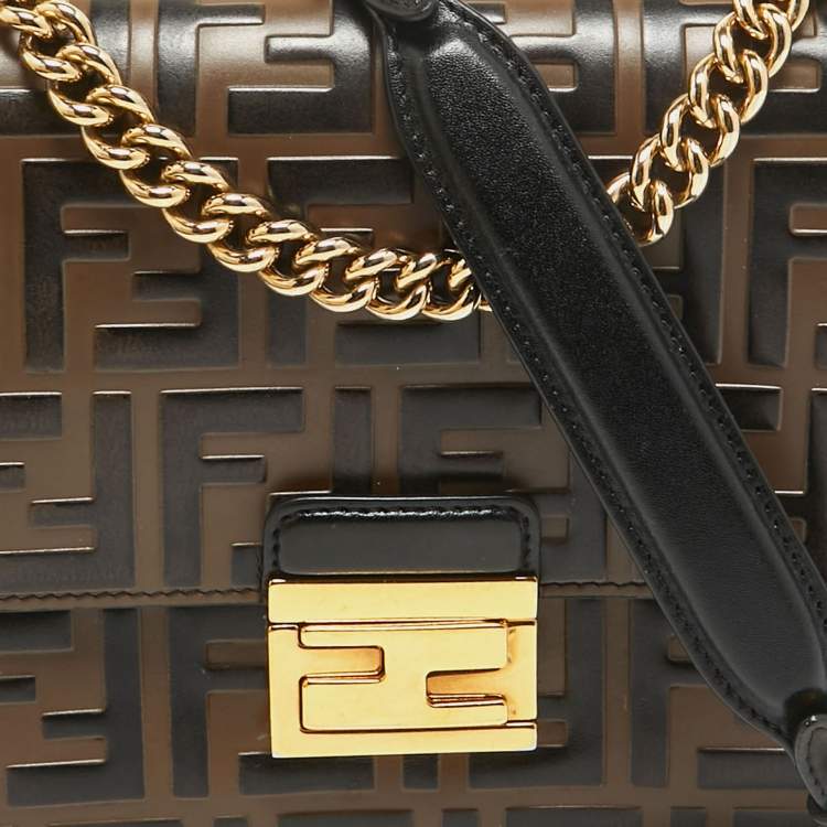 Pre Owned Fendi Black/Brown Zucca Embossed Leather Small Kan U Shoulder Bag
