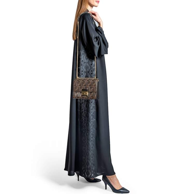 Pre Owned Fendi Black/Brown Zucca Embossed Leather Small Kan U Shoulder Bag