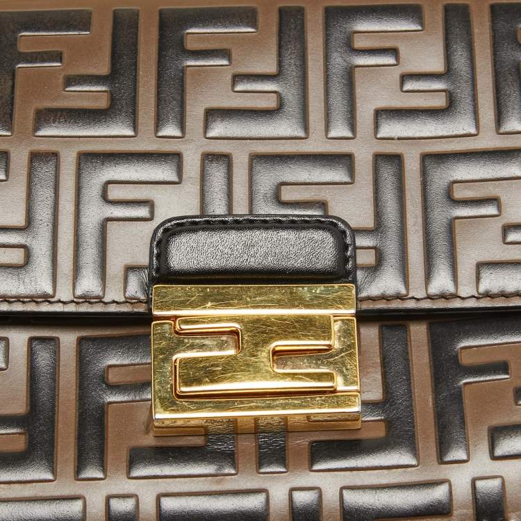 Pre Owned Fendi Black/Brown Zucca Embossed Leather Small Kan U Shoulder Bag