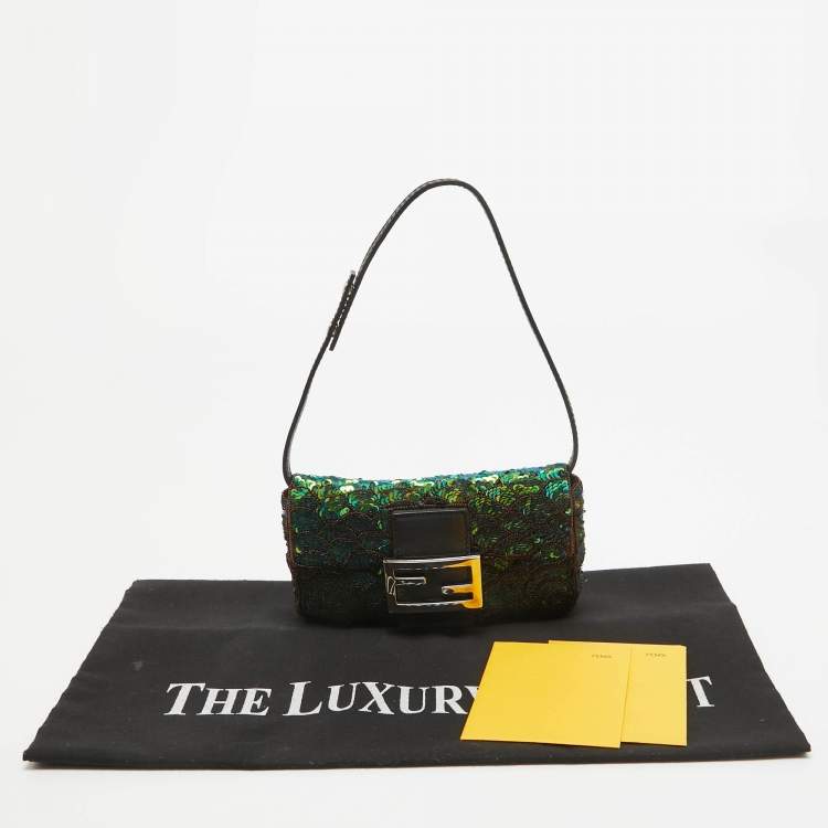 Pre Owned Fendi Green/Black Sequins and Leather Baguette Pochette Bag