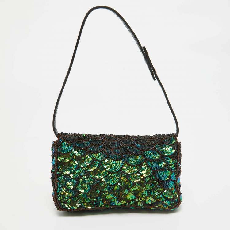Pre Owned Fendi Green/Black Sequins and Leather Baguette Pochette Bag