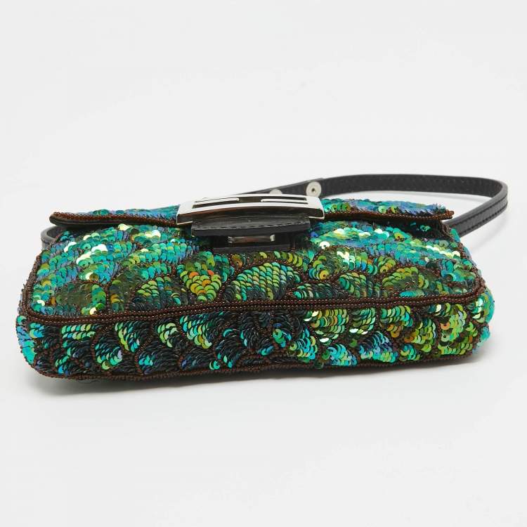 Pre Owned Fendi Green/Black Sequins and Leather Baguette Pochette Bag