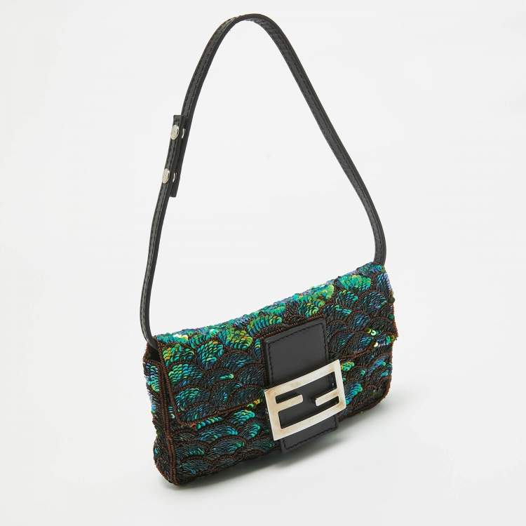 Pre Owned Fendi Green/Black Sequins and Leather Baguette Pochette Bag