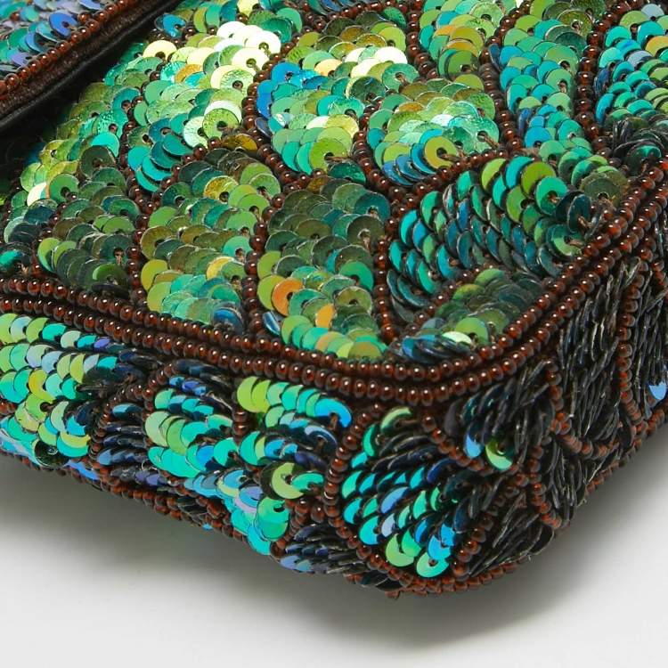 Pre Owned Fendi Green/Black Sequins and Leather Baguette Pochette Bag