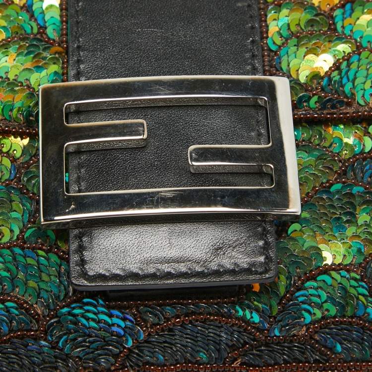 Pre Owned Fendi Green/Black Sequins and Leather Baguette Pochette Bag