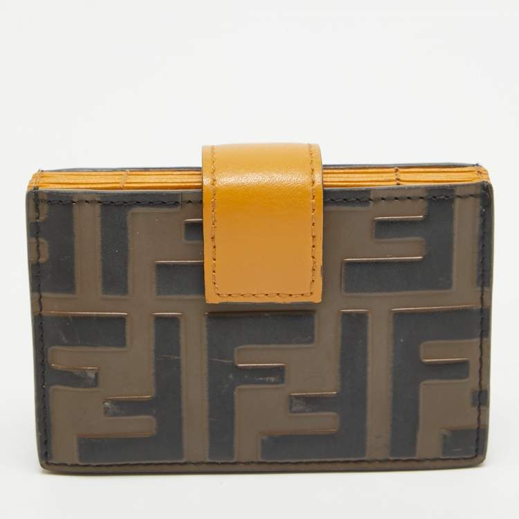 Pre Owned Fendi Tobacco/Yellow Zucca Embossed Leather FF Flap Wallet
