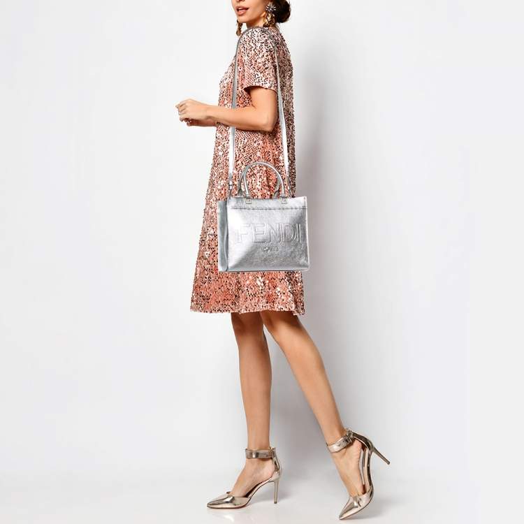 Pre Owned Fendi Silver Laminated Leather Small Sunshine Tote