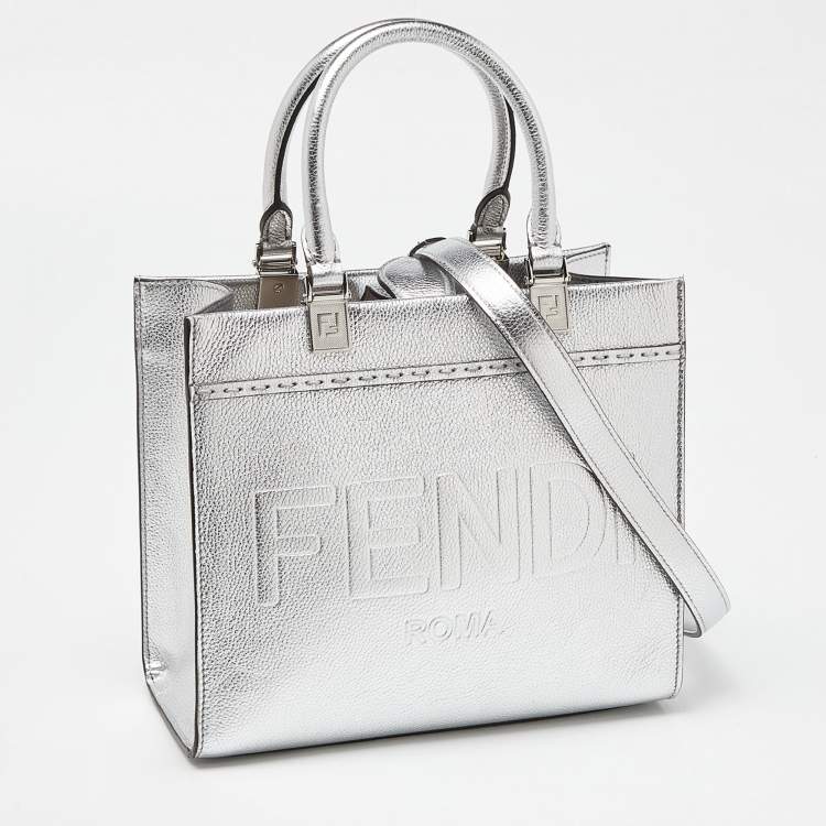 Pre Owned Fendi Silver Laminated Leather Small Sunshine Tote