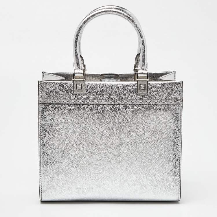 Pre Owned Fendi Silver Laminated Leather Small Sunshine Tote
