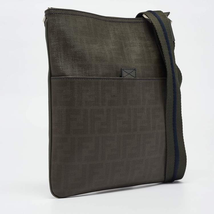 Pre Owned Fendi Green Zucca Spalmati Canvas Messenger Bag