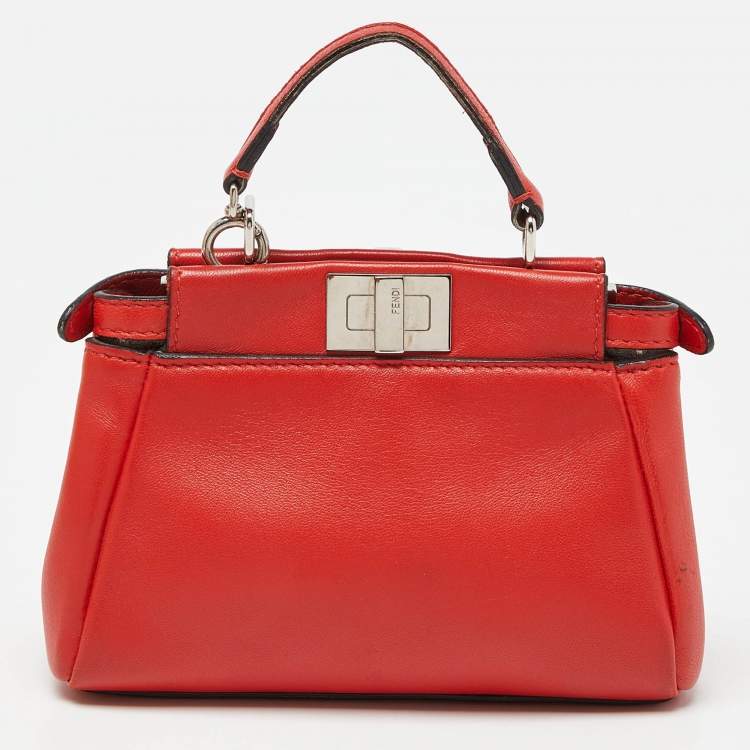 Pre Owned Fendi Red Leather Micro Peekaboo Crossbody Bag