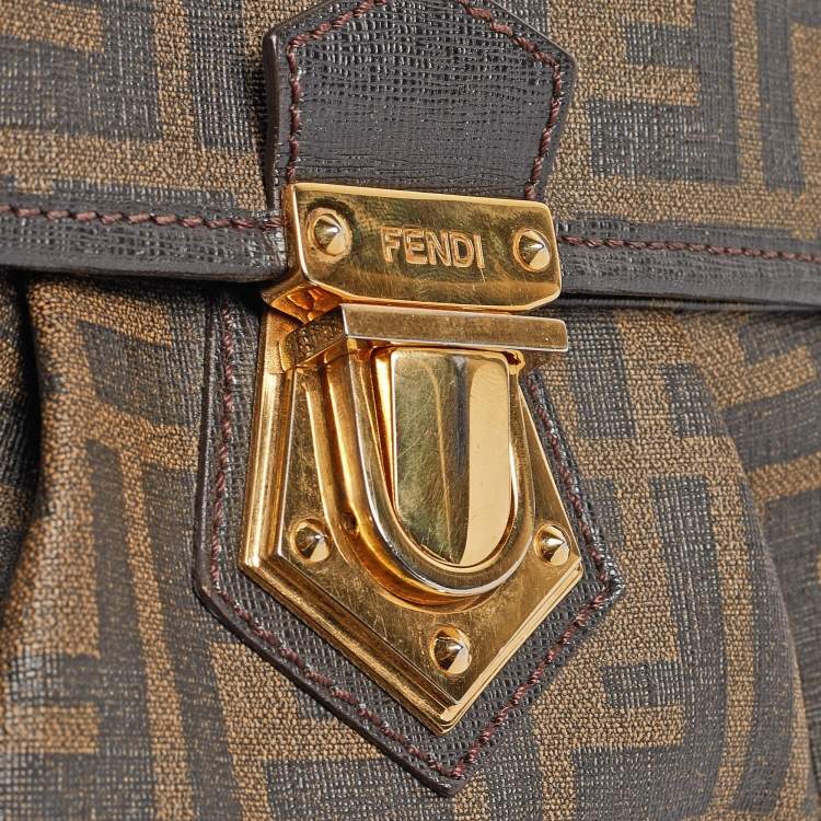 Pre Owned Fendi Tobacco Zucca Coated Canvas and Leather Pushlock Flap Bag