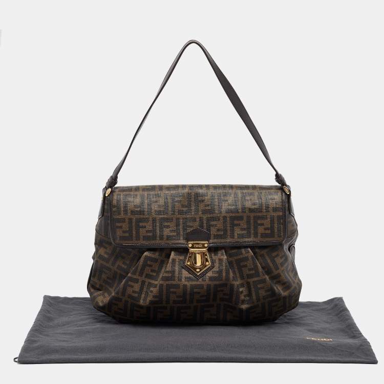 Pre Owned Fendi Tobacco Zucca Coated Canvas and Leather Pushlock Flap Bag