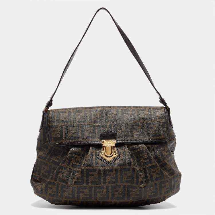 Pre Owned Fendi Tobacco Zucca Coated Canvas and Leather Pushlock Flap Bag
