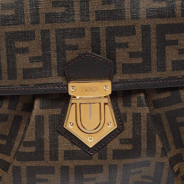 Pre Owned Fendi Tobacco Zucca Coated Canvas and Leather Pushlock Flap Bag