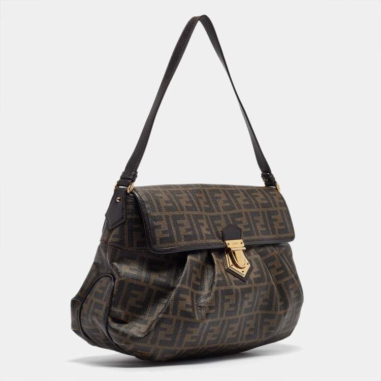 Pre Owned Fendi Tobacco Zucca Coated Canvas and Leather Pushlock Flap Bag