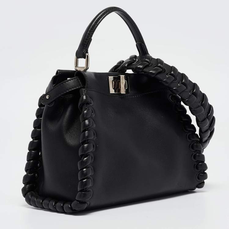 Pre Owned Fendi Black Leather Mini Whipstitched Peekaboo Top Handle Bag