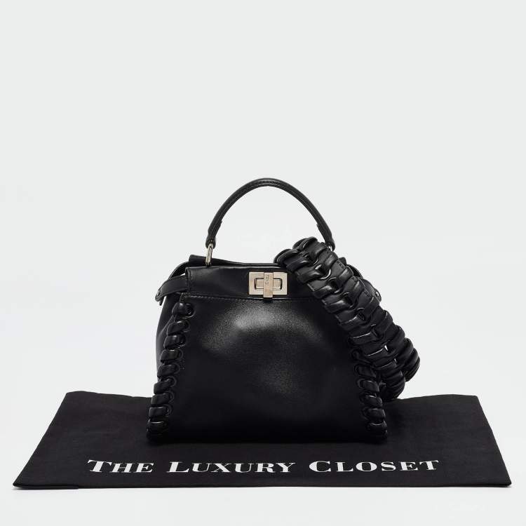 Pre Owned Fendi Black Leather Mini Whipstitched Peekaboo Top Handle Bag