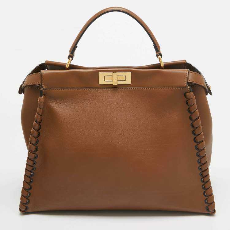 Pre Owned Fendi Brown Leather Large Whipstitch Peekaboo Top Handle Bag