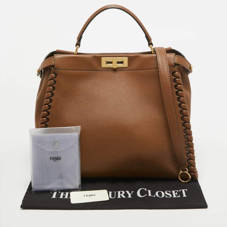 Pre Owned Fendi Brown Leather Large Whipstitch Peekaboo Top Handle Bag