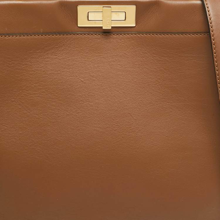 Pre Owned Fendi Brown Leather Large Whipstitch Peekaboo Top Handle Bag