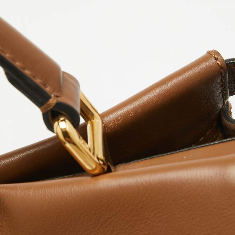 Pre Owned Fendi Brown Leather Large Whipstitch Peekaboo Top Handle Bag